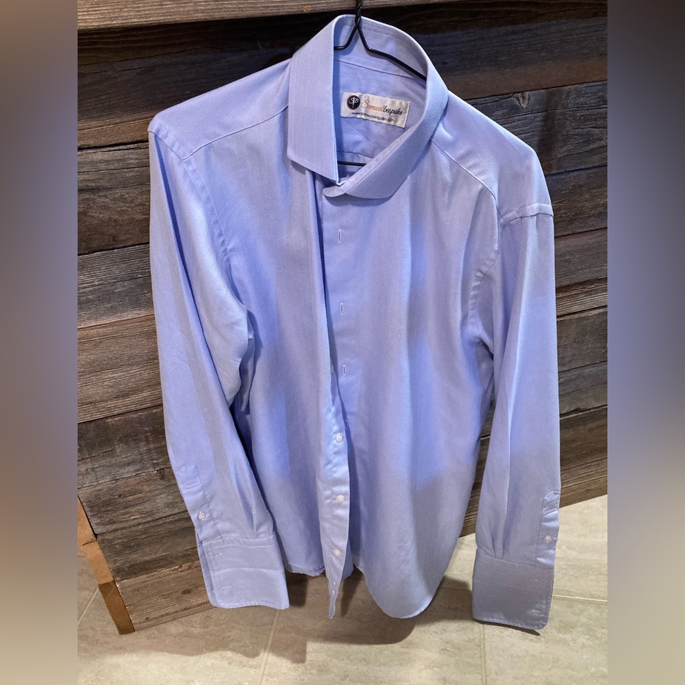 White Men's Bespoke blue dress Shirt - French cuff - 15.5 neck